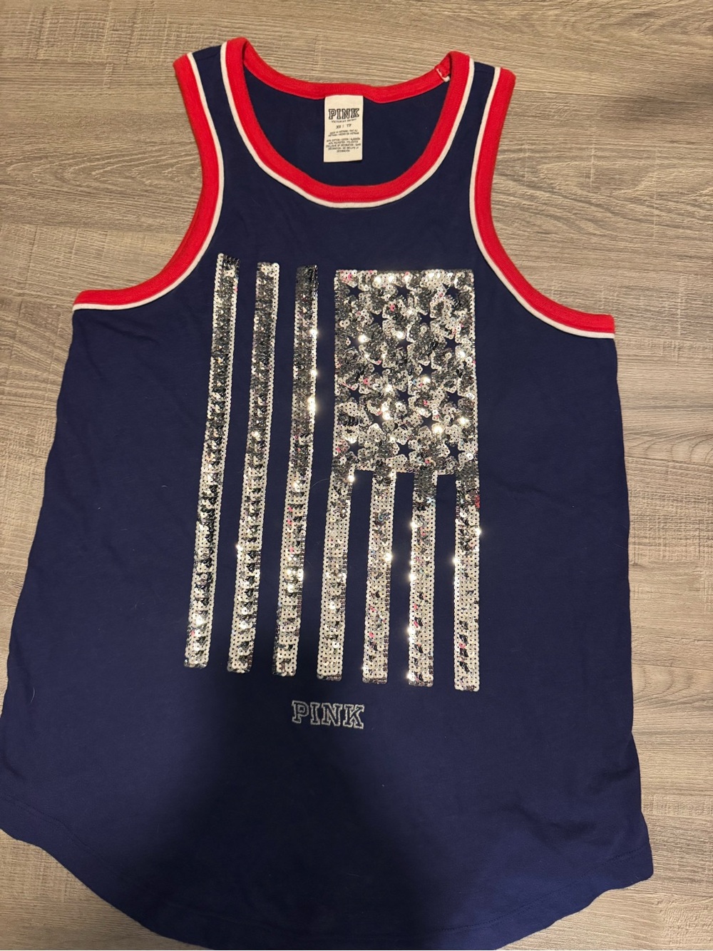 PINK Victoria's Secret Navy Tank Top with Red Trim and Silver Sequin Flag